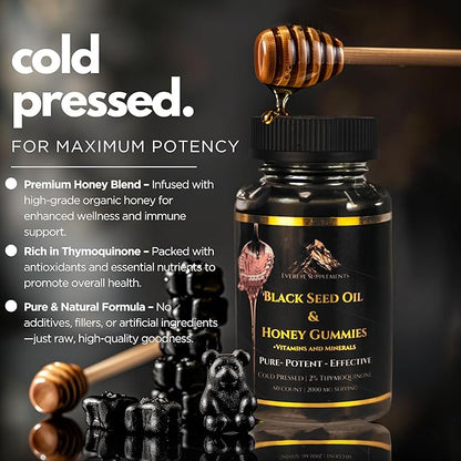 Pure Black Seed Oil and Honey Gummies - 2000mg Per Serving, Maximum Potency - Cold Pressed Natural Black Seed Oil with Honey - 2% Thymoquinone, Nigella Sativa - Potent Formula - Tastes Like Candy