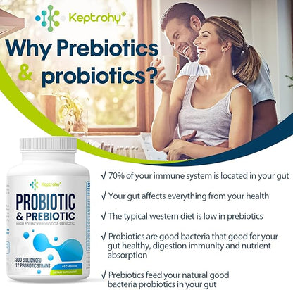 Probiotics for Women and Men, 300 Billion CFU Probiotics from 12 Strains Probiotic, Organic Prebiotics Blend, Probiotic Supplement for Gut Immune & Digestive Health, Shelf Stable, 240 Capsules