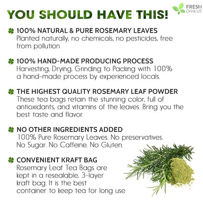 FreshDrinkUS, 20 Rosemary Leaf Tea Bags - 100% Natural and Pure Rosemary Dried Leaves, No Additives, No Caffeine, No Gluten, Vegan