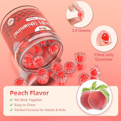 Vitamin B1 Gummies 300mg for Adults & Kids,Chewable Thiamine B1 Supplement with 150mg Magnesium,Nervous System Healthy Energy,Natural Peach Flavor,Non GMO,Vegan 60 Count Sugar-Free 1-Month Supply
