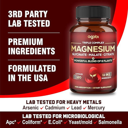 Magnesium Triple Complex - 600mg Magnesium Glycinate, Malate & Citrate - Added Spinach, Swiss Chard & Others - Support Calm, Restful Mood & Muscle Cramp - 120 Capsules