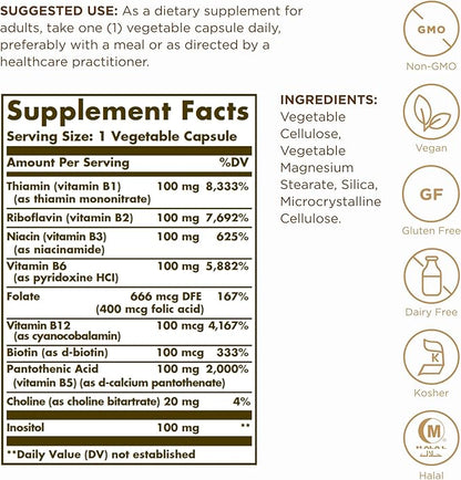 Solgar B-Complex "100" - 50 Vegetable Capsules - Energy Metabolism, Cardiovascular Health, Nervous System Support - Non-GMO, Vegan, Gluten Free - 50 Servings