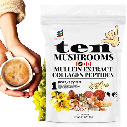 SUNDAFONE Mushroom Coffee, with Grass Fed Collagen, Mullein, Lion's Mane, Reishi for Focus, Immunity, Memory, Clarity, Breathing, Skin Hair Support, 12 Adaptogenic Instant Collagen Slim Coffee