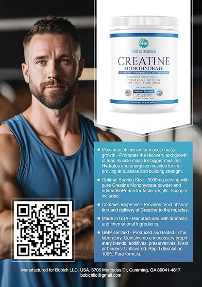 NutraScience Creatine Monohydrate Powder with BioPerine, Supports Lean Muscle Growth and Recovery, 60 Servings, 5000mg Per Serving, Unflavored, GMP sertified, Vegan Friendly, Non GMO