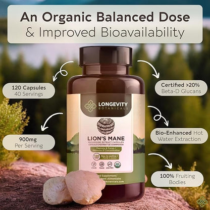 Longevity Botanicals Organic Lion’s Mane Mushroom Extract Capsules (120) | Concentrated 8:1 Ratio | 100% Fruiting Bodies | Hericium Erinaceus Nootropic Supplement for Focus, Memory & Brain Support