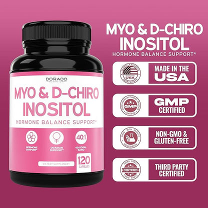 Myo-Inositol & D-Chiro Inositol Supplement (120 Capsules, 2050mg Per Serving Ideal 40:1 Ratio Myo Inositol) For Hormone Balance for Women - Third Party Tested, Vegan Safe & USA Made - 120 Count