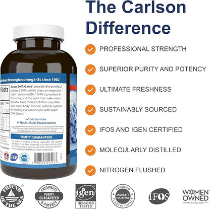Carlson Super DHA Gems - 500 mg DHA Supplements, 640 mg Fatty Acids, Norwegian Fish Oil Concentrate, Wild-Caught, Sustainably Sourced Fish Oil Capsules, 240 Softgels