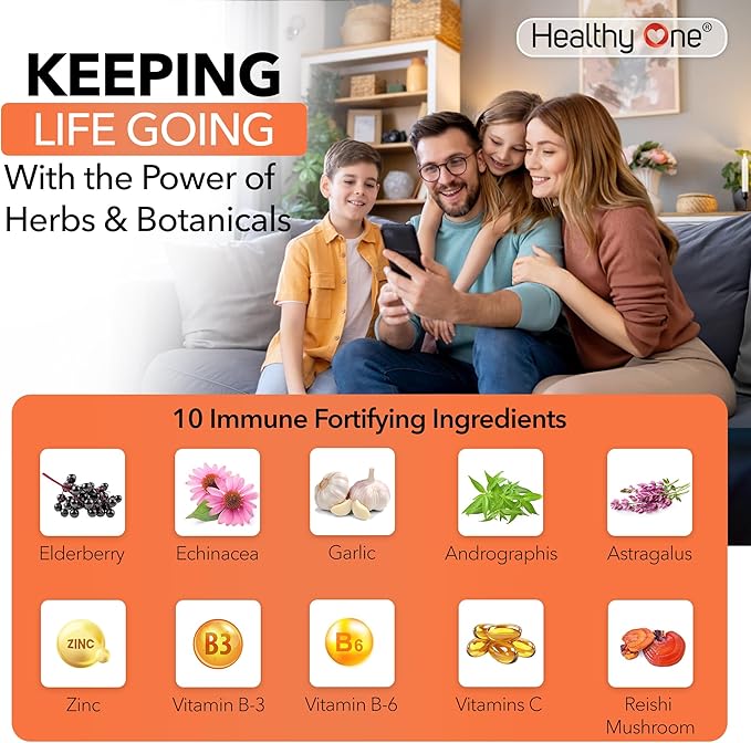 Healthy Immune - Boost Immune Response - Cold - Flu - Illness - Sickness - Virus - Antioxidants - Free Radicals - Builds Immunity - Elderberry - Echinacea - Vitamin C - Zinc - Garlic - 60 Count