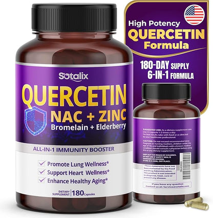 Premium Quercetin 98% High Purity with Bromelain, Zinc, Vitamin D3 2000 IU, Elderberry - Cardiovascular Respiration Immune Support for Adult Kids - 180 Day Supply