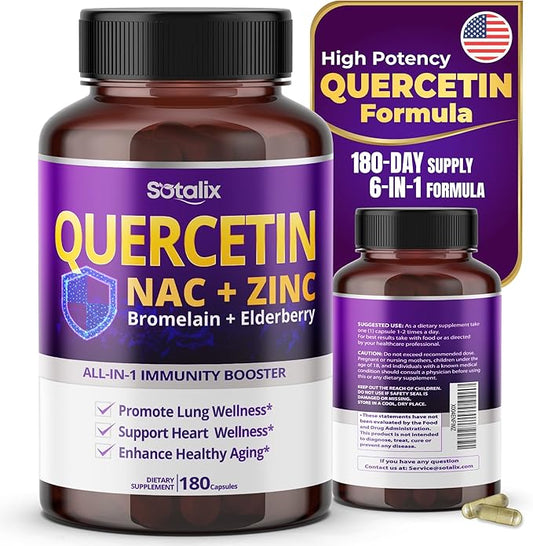Premium Quercetin 98% High Purity with Bromelain, Zinc, Vitamin D3 2000 IU, Elderberry - Cardiovascular Respiration Immune Support for Adult Kids - 180 Day Supply