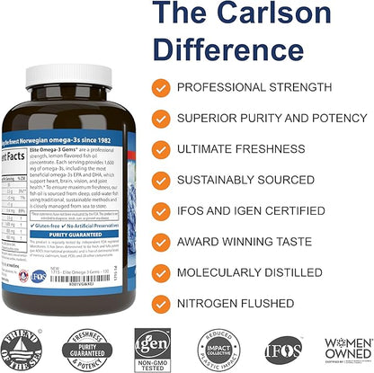 Carlson - Elite Omega-3 Gems, 1600 mg Omega-3 Fatty Acids Including EPA and DHA, Norwegian, Wild-Caught Fish Oil Supplement, Sustainably Sourced Omega 3 Fish Oil Capsules, Lemon, 130 Softgels