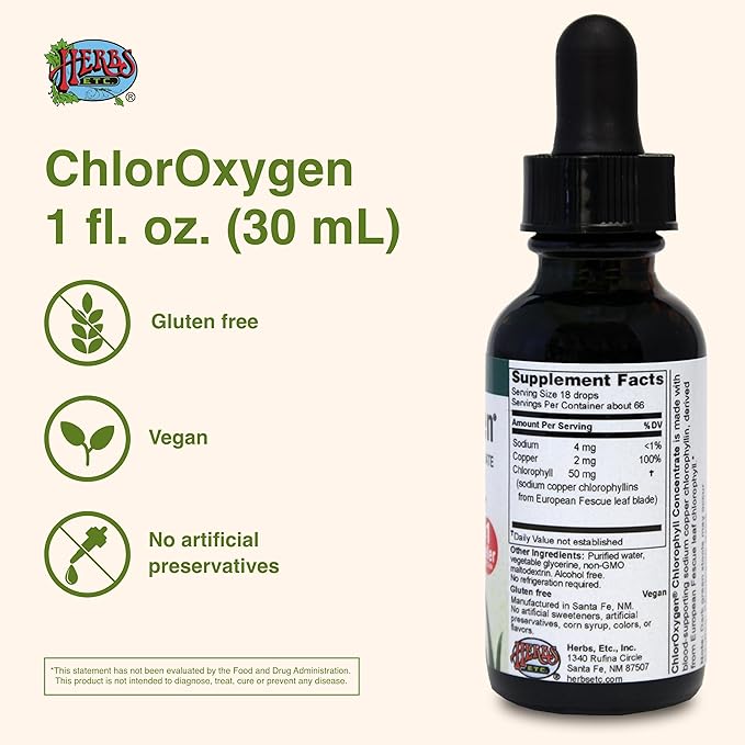 Herbs Etc. ChlorOxygen Chlorophyll Concentrate - Highly-Concentrated Energy Support - Aids Healthy Blood Circulation - Natural Vitality Support - Alcohol-Free - 1 fl oz (About 66 Servings)