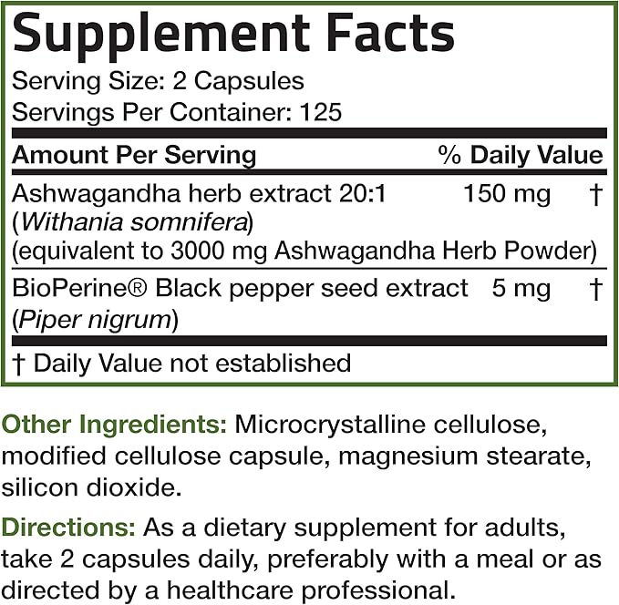 Bronson Ashwagandha Extra Strength Stress & Mood Support with BioPerine - Non GMO Formula, 250 Vegetarian Capsules