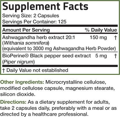 Bronson Ashwagandha Extra Strength Stress & Mood Support with BioPerine - Non GMO Formula, 250 Vegetarian Capsules