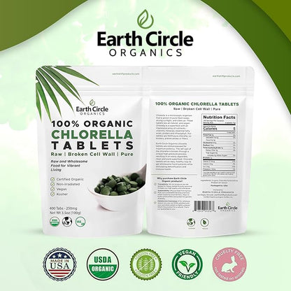 Organic Chlorella Tablets 400 Count | High Potency Superfood | Chlorophyll Pills from 100% Pure Green Algae | Broken Cell Wall for Maximum Absorption | Vegan, Kosher, Non-GMO | 4 Tabs per Day (3-Pack)