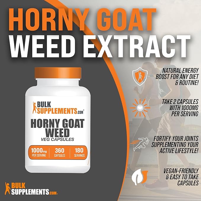 BulkSupplements.com Horny Goat Weed Capsules - Epimedium Extract, Horny Goat Weed Herbal Supplements - Vegan, 2 Capsules per Serving (1000mg), 360 Veg Capsules (Pack of 1)