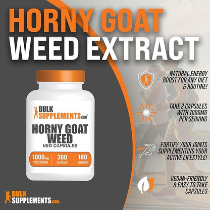 BulkSupplements.com Horny Goat Weed Capsules - Epimedium Extract, Horny Goat Weed Herbal Supplements - Vegan, 2 Capsules per Serving (1000mg), 360 Veg Capsules (Pack of 1)