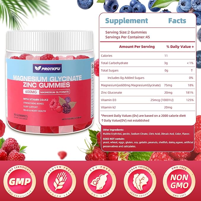 Magnesium Glycinate Gummies 600MG w/Zinc - 90 Ct | Sugar Free High Absorption Zinc Magnesium Glycinate Supplement w/Vitamin D3 & K2, Supports Bone Health, Nerve & Immune Function