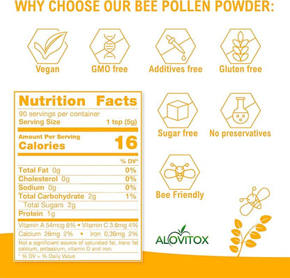 Alovitox Bee Pollen Powder | 100% Pure, Natural Raw Bee Pollen - Antioxidants, Proteins, Vitamins B6, B12, C and A, Amino Acids and More | Non-GMO, Vegan | 8z