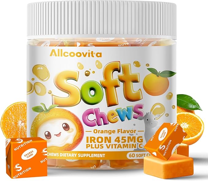 Iron Soft Chew Supplement with Vitamin C | Orange Flavored | Gluten Free | Iron Supplement for Women Men and Kids | 60 Count | 2 Month Supply