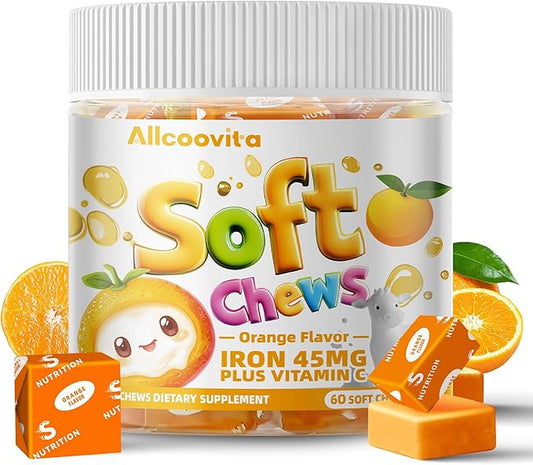 Iron Soft Chew Supplement with Vitamin C | Orange Flavored | Gluten Free | Iron Supplement for Women Men and Kids | 60 Count | 2 Month Supply