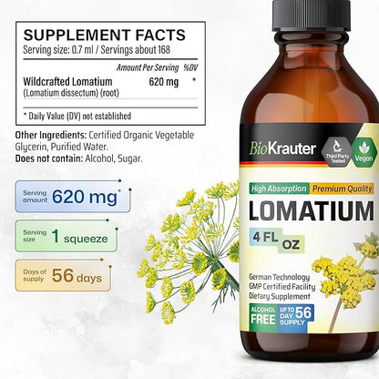 BIO KRAUTER Lomatium Tincture - Immune and Lung Support Supplement - Alcohol and Sugar Free Vegan Lomatium Root Tincture - 4 Fl.Oz.