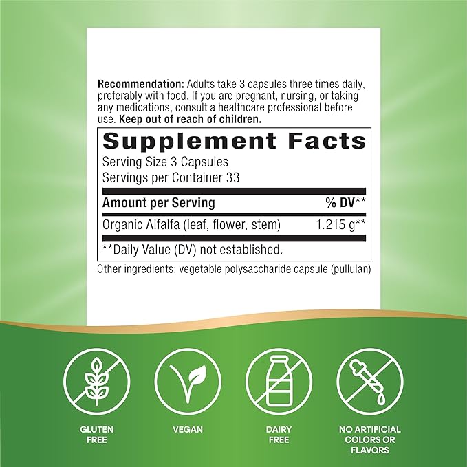 Nature's Way Alfalfa, Made With Organic Alfalfa, 1,215 mg per 3-capsule serving, Alfalfa Herbal Capsule, Gluten Free, Vegan, 100 Capsules (Packaging May Vary)