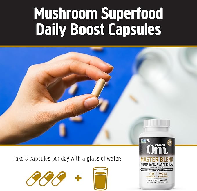 OM MUSHROOM SUPERFOOD Master Blend Mushrooms & Adaptogens Capsules, 84 Count, 28 Servings, 10 Mushroom Complex with Adaptogens for Immune and Stress Support