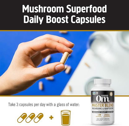 OM MUSHROOM SUPERFOOD Master Blend Mushrooms & Adaptogens Capsules, 84 Count, 28 Servings, 10 Mushroom Complex with Adaptogens for Immune and Stress Support