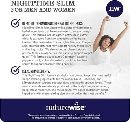 Naturewise Nighttime Fitness Support Supplement & Natural Sleep Aid with Cayenne Extract, Green Coffee Bean, GABA, L-Theanine - Vegetarian, Non-GMO - 60 Capsules[1-Month Supply]