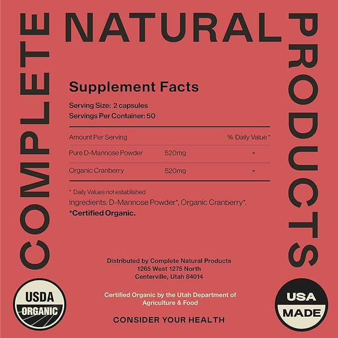 Complete Natural Products D-Mannose & Cranberry Capsules - 100 Capsules, 1040mg per Serving for Urinary Tract Health and UT Flush