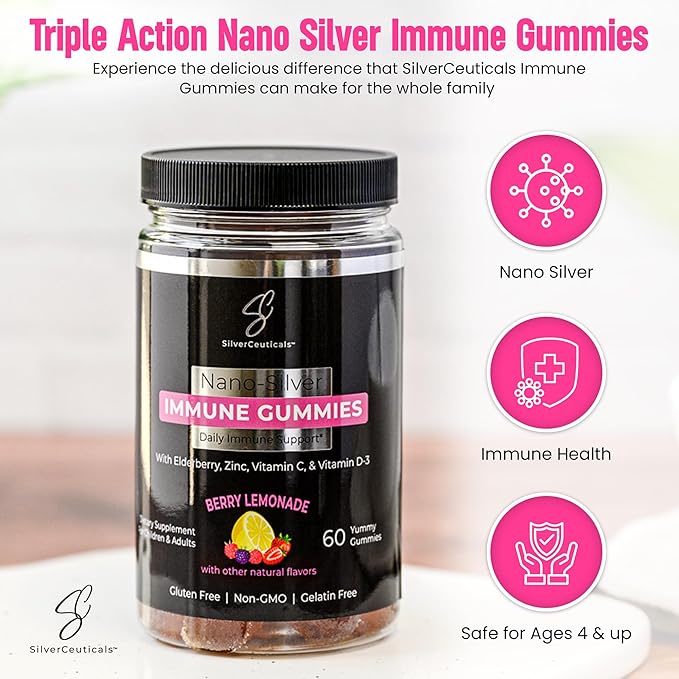 Immune Gummies - Sambucus Elderberry - Vitamin C & D - Zinc - Save Your Sick Days - Kids & Adults - Safe Ages 4 & Up - Nano Colloidal Silver - Gluten & Gelatin Free Non-GMO - Berry Lemonade - 60 Count