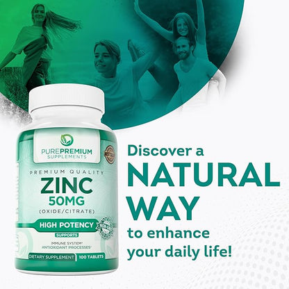 PurePremium Natural Zinc 50mg Supplements for Men & Women - High Potency Vitamin Zinc Citrate/Oxide for Adults, Immune Antioxidant, Energy Support - 100 Tablets