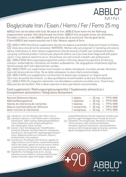 25mg. ABBLO Iron Bisglycinate is Very Gentle on The Stomach, and can be Taken with Food and Calcium Tablets.