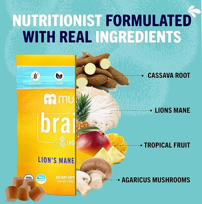 Mushie 100% Organic Lion’s Mane Mushroom Gummies for Adults & Kids Focus - 2000mg Lions Mane Nootropic for Brain, Cognitive, Memory & Immune Support - Vegan, Gluten-Free - 60 Count