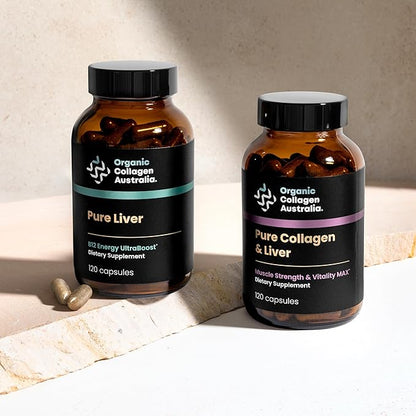 Organic Collagen Australia Pure Collagen & Liver Capsules – Muscle Strength & Vitality with Hydrolyzed Collagen, Grass-Fed Liver, and Vitamin B12 – 120 Capsules