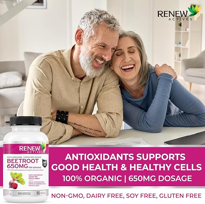 Renew Actives Organic Beetroot Supplement 1300MG per 2 Capsules - Pure Beetroot Powder for Circulation, Natural Energy, & Antioxidant Benefits - High-Potency Superfood, Made in Canada - 90 Capsules
