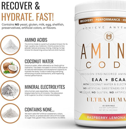 Amino Code | Essential Amino Acids + BCAAs + Coconut Water Electrolytes | Fast Hydration Workout Recovery Amino Energy Powder Drink | Clean Formula, 40 Servings - Raspberry Lemonade