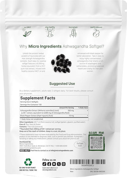 Ashwagandha Supplements 6,000mg Per Serving | 300 Coconut MCT Oil Softgels with Black Pepper for Better Absorption | Potent Root Extract | Natural Herbal Support for Relaxation | Non-GMO