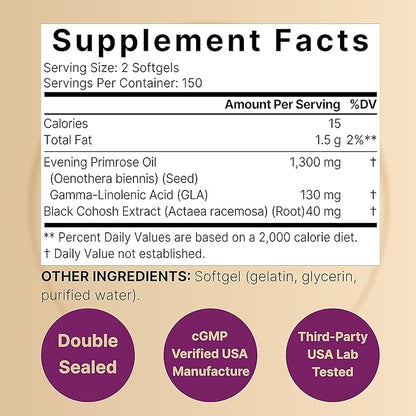 NatureBell Evening Primrose Oil with Black Cohosh, 1,300mg Per Serving, 300 Mini-Softgels | Cold Pressed Seeds, Retains 130mg GLA for Womens Health & Skin Care Support – Hexane Free, Non-GMO
