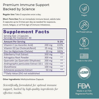 Immune Support Supplement with Vitamin C and Zinc, Sambucus Elderberry, Vitamin D3, Glutathione, Echinacea Capsules - Natural Immune Booster Herbal Supplements - Vegan, Gluten-Free (60ct)
