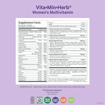 PURE SYNERGY Vita·Min·Herb for Women | Women’s Comprehensive Multivitamin Supplement | Made with Organic Whole Food Non-GMO & Vegan Ingredients | Supports Energy & Immune Health (120 Tablets)