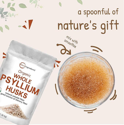 Micro Ingredients Organic Whole Psyllium Husks, 3lbs | Daily Soluble Fiber Supplement | India Origin | Natural Prebiotics & Probiotics | Supports Digestive Health | Non-GMO, Keto Friendly, Unflavored