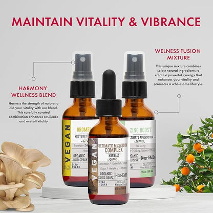 Digestive Harmony Bundle Liquid Vitamin Trio Mushroom Complex Lions Mane, Reishi, Maitake & Chaga, Zinc Picolinate & Bromelain | Non-GMO | Gluten Free | Sugar Free | 2 Fl Oz | 240 Days Supply