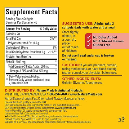 Nature Made Fish Oil Omega 3 Supplements, 1000 mg Softgels, Omega 3 Fish Oil for Healthy Heart Support, 90 Softgels, 45 Day Supply