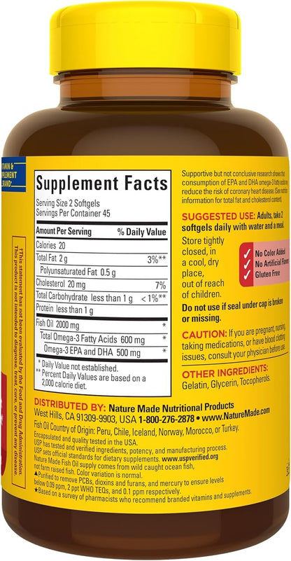 Nature Made Fish Oil Omega 3 Supplements, 1000 mg Softgels, Omega 3 Fish Oil for Healthy Heart Support, 90 Softgels, 45 Day Supply