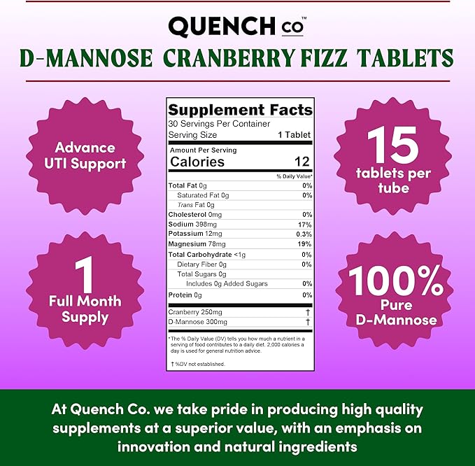 Quench UTI Relief Effervescent Tablets - Fast-Acting Urinary Tract Support, Flushes Impurities, Soothes Discomfort - Natural Cranberry Flavor, Sugar-Free, Vegan - 30 Tablets