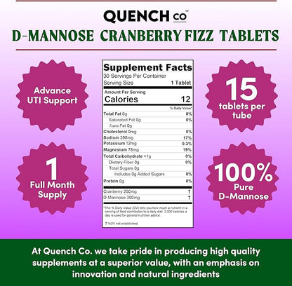 Quench UTI Relief Effervescent Tablets - Fast-Acting Urinary Tract Support, Flushes Impurities, Soothes Discomfort - Natural Cranberry Flavor, Sugar-Free, Vegan - 30 Tablets