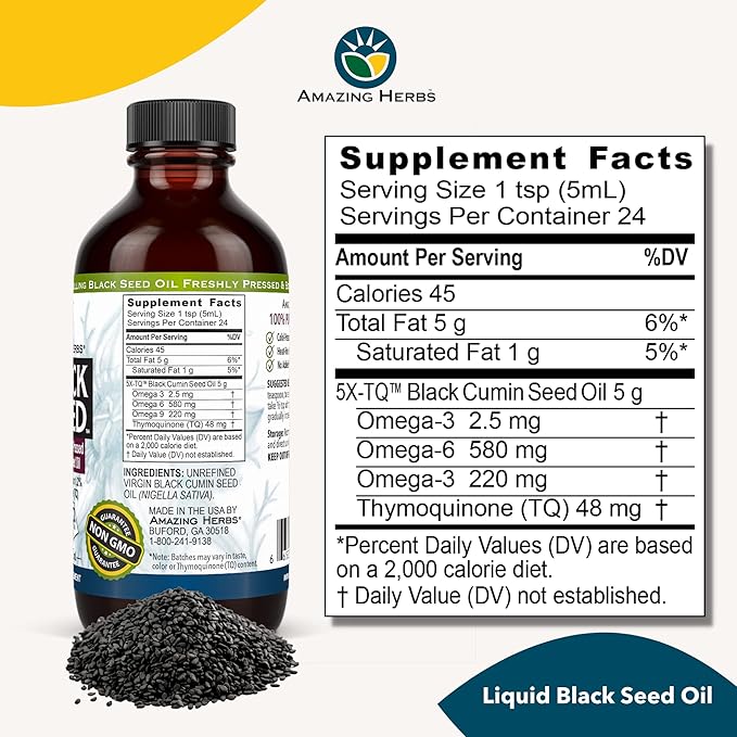 Amazing Herbs Premium Black Seed Oil - Cold Pressed Nigella Sativa Aids in Digestive Health, Immune Support, Brain Function, Joint Mobility, Gluten Free, Non GMO - 4 Fl Oz