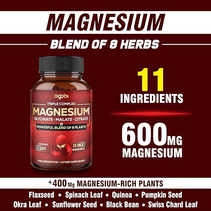 Magnesium Triple Complex - 600mg Magnesium Glycinate, Malate & Citrate - Added Spinach, Swiss Chard & Others - Support Calm, Restful Mood & Muscle Cramp - 120 Capsules